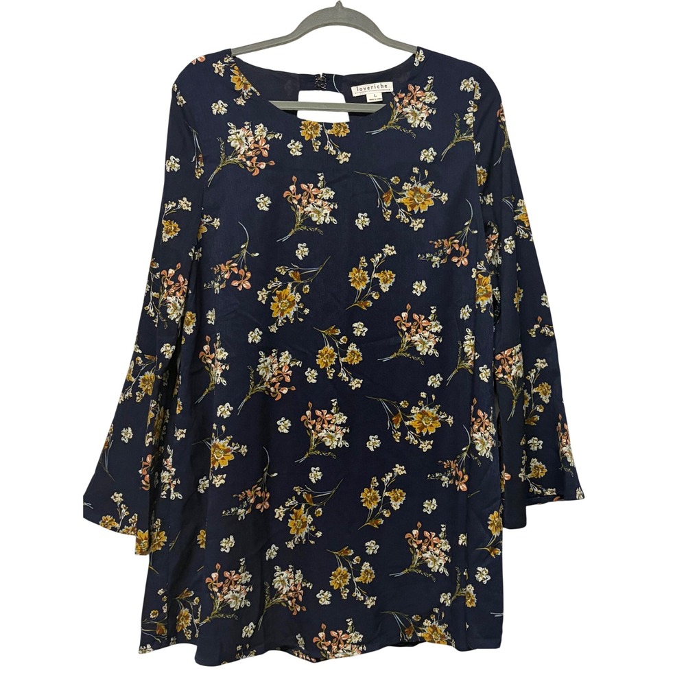 Loveriche Navy Blue Floral Bell Sleeve Mini Dress Open Back LD41879 Large